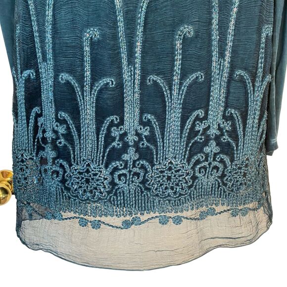 SOFT SURROUNDINGS Blue Long Sleeve Silk Embroidered Sequin Tunic Top Size M - Picture 3 of 5